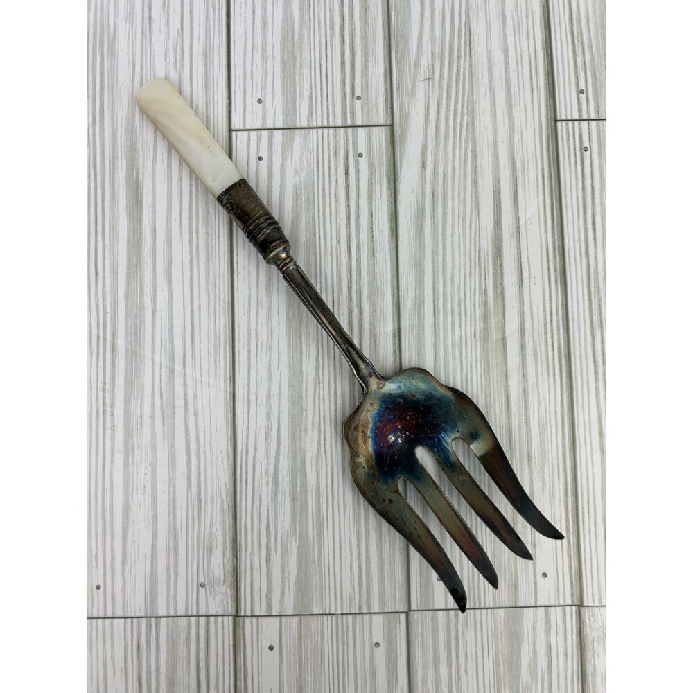 Antique Sterling Silver Meat Fork Silverware Mother of Pearl MOP Handle Vintage